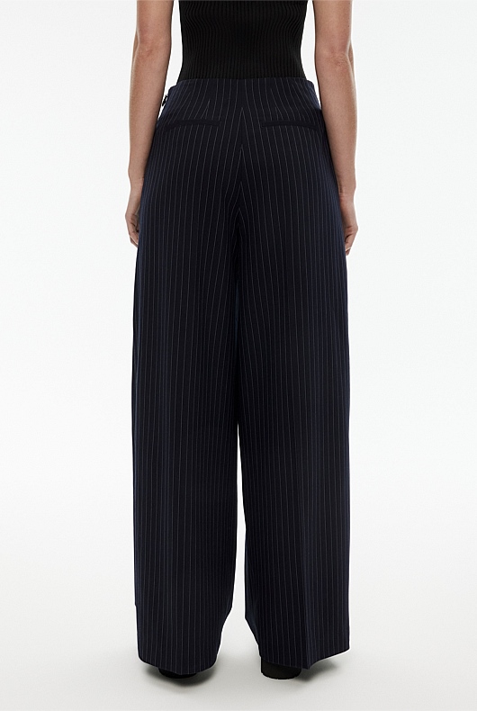 Pinstripe Wide Leg Trouser - Petrol Blue