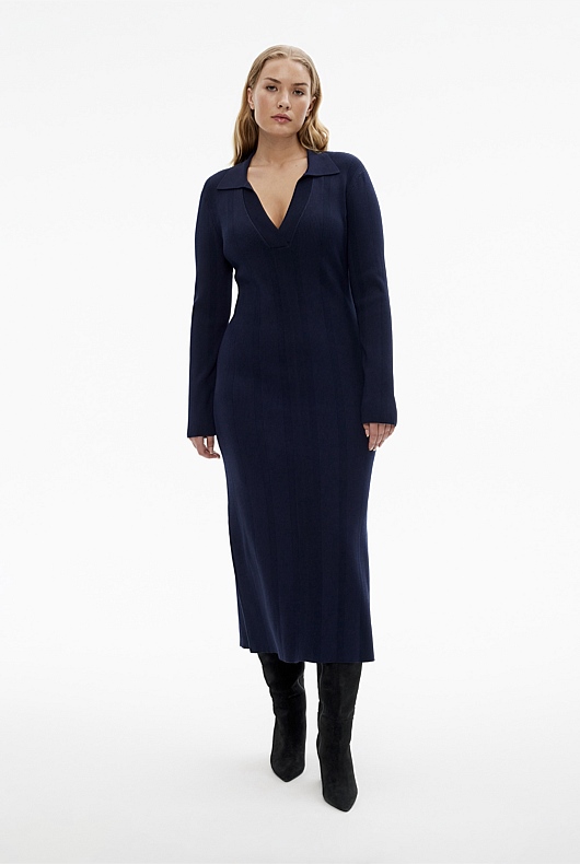 Crepe Henley Knit Dress - Blue Night