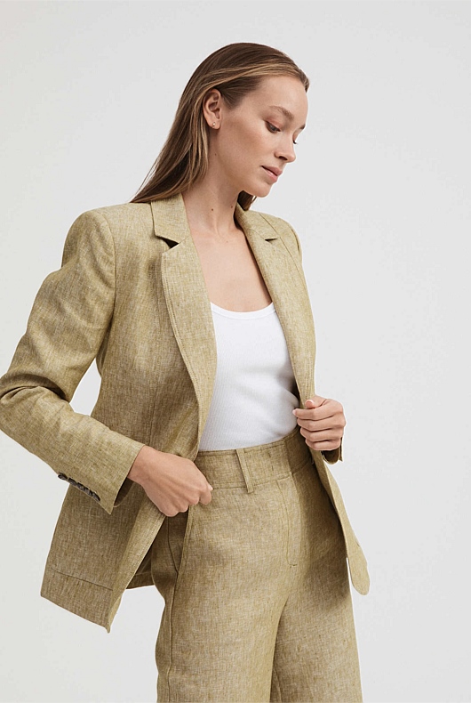 French Linen Seam Detail Single-Breasted Blazer - Chartreuse