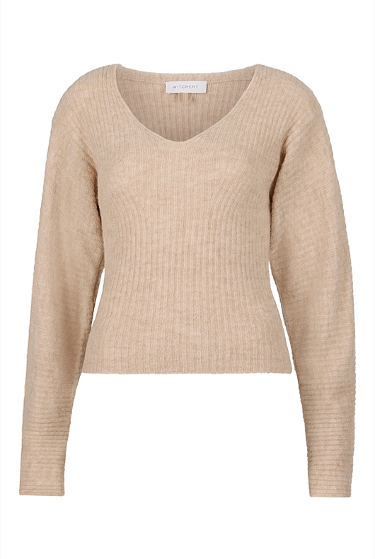Alpaca Blend Rib V Neck Knit - Pebble
