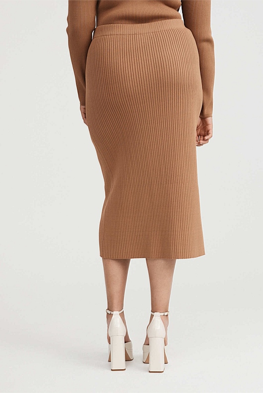 Knit Rib Midi Skirt - Camel