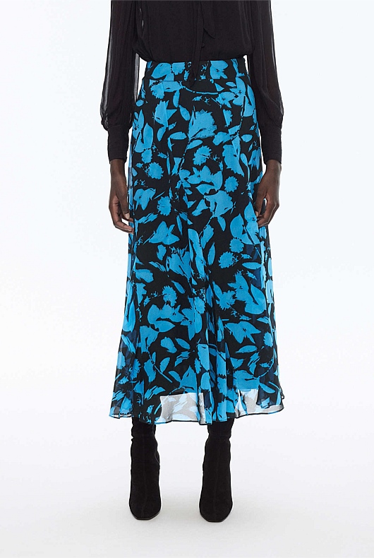 Georgette Abstract Textured Print Skirt - Mallard Blue