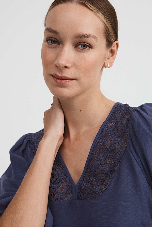 Lace Insert Blouse - Ink Blue