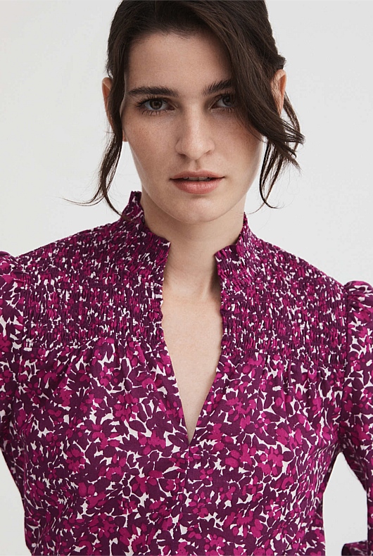 Berry Floral Shirred Blouse - Cranberry