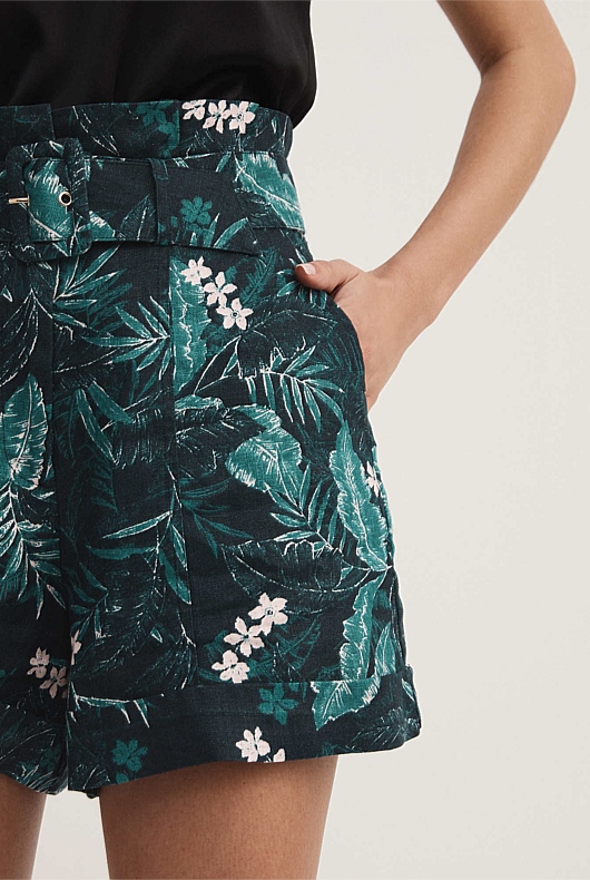Linen Orchid Print Short - Deep Sea Green