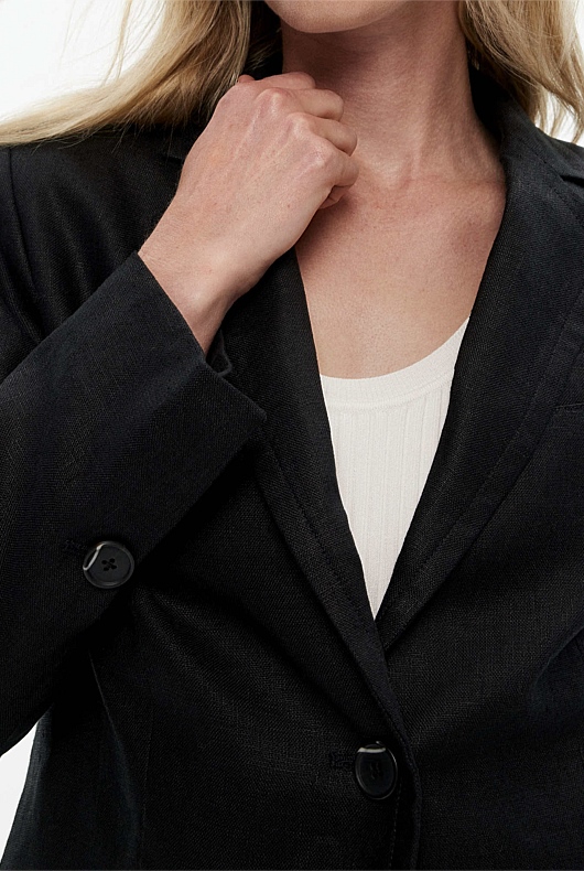Linen Single-Breasted Cropped Blazer - Black