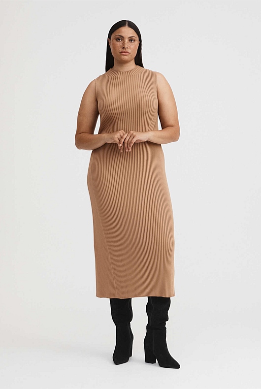 Knit Rib Mock Neck Dress - Camel