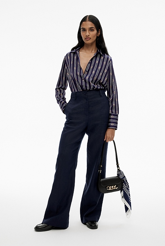 Silk Satin Rope Print Shirt - Deep Blue