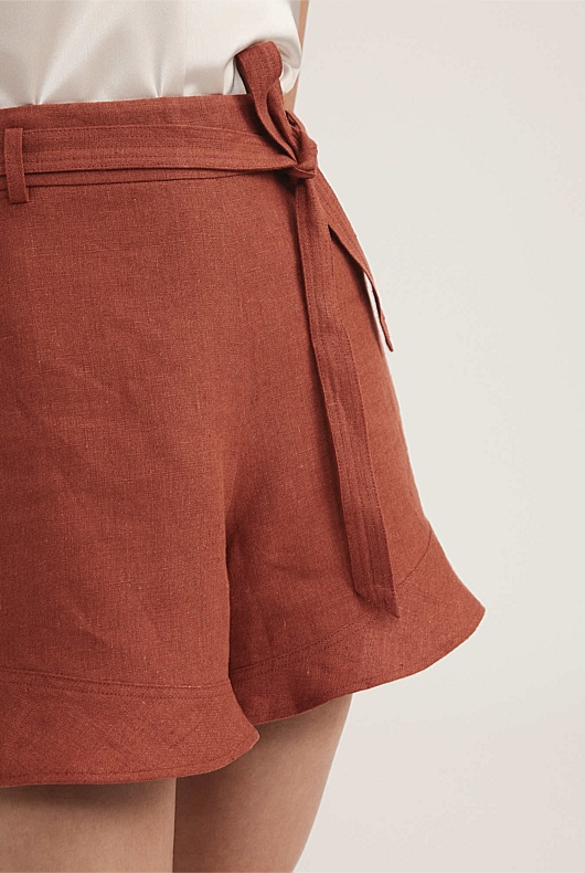 Belt Detail Linen Short - Burnt Red