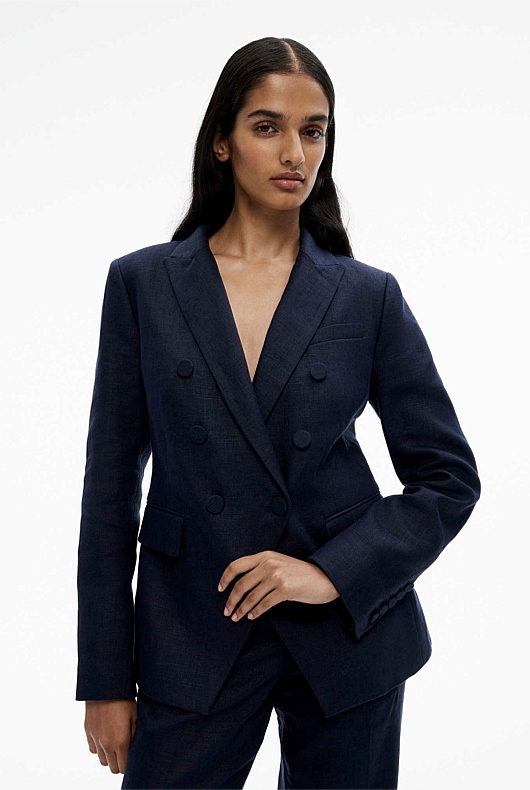 Linen Double-Breasted Blazer - Blue Night