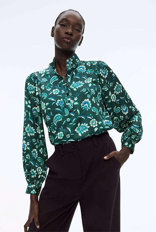 Floral Paisley Button Blouse - Pine