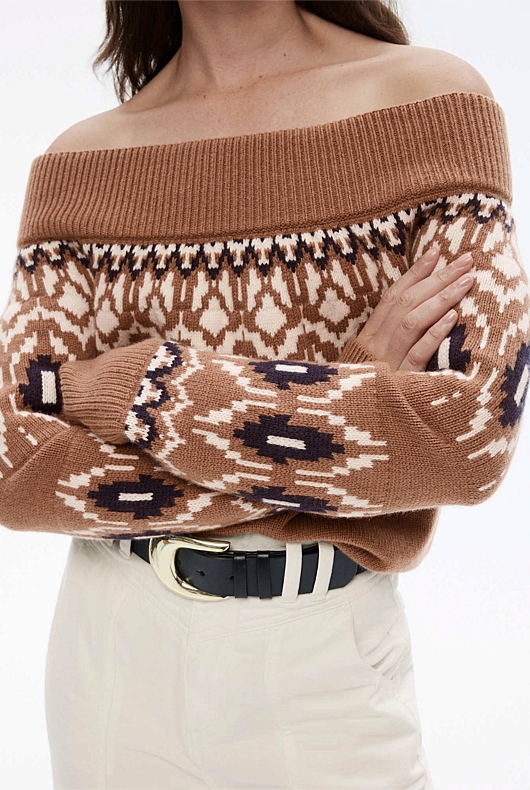Off Shoulder Fair Isle Knit - Camel