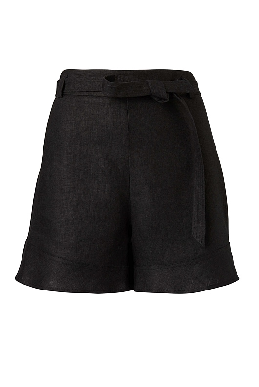 Belt Detail Linen Short - Black