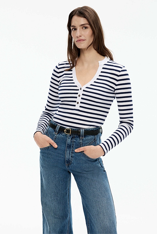 Stripe Rib Henley Long Sleeve Top - Ink