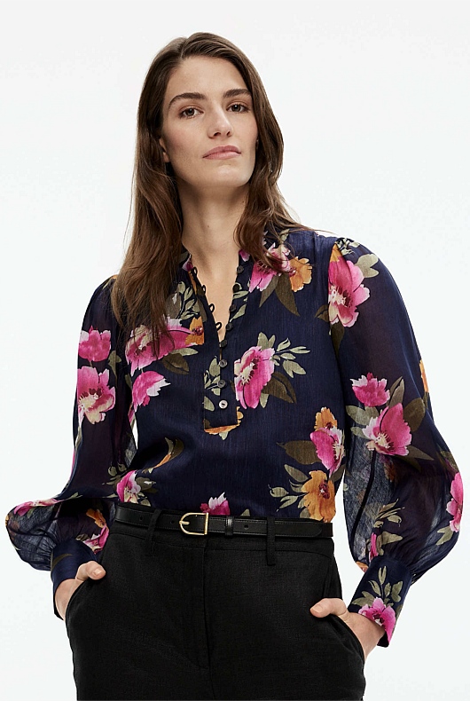 Watercolour Half Placket Blouse - Midnight Blue