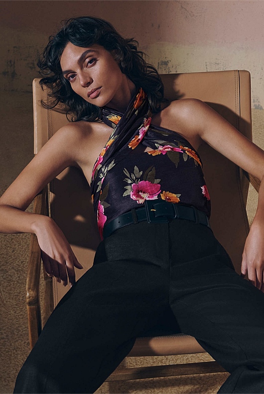 Watercolour Silk Linen Halter - Midnight Blue