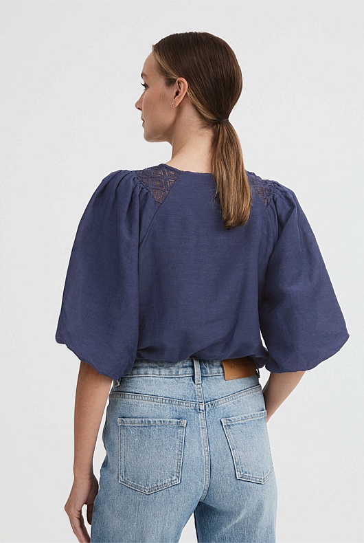 Lace Insert Blouse - Ink Blue