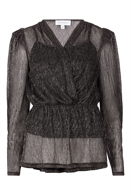 Mesh Metallic V Neck Top - Black