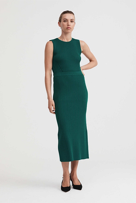 Knit Rib Midi Skirt - Petrol Green