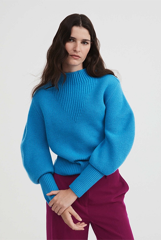 High Neck Puff Sleeve Knit - Bright Blue