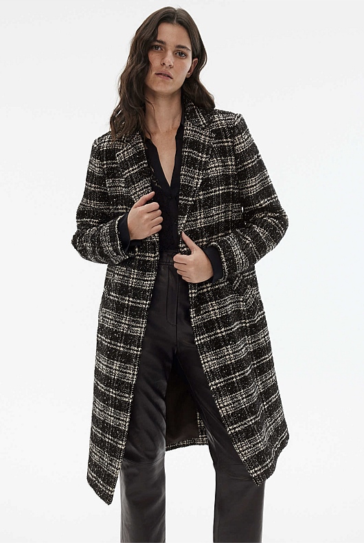 Wool Blend Yarn Dye Check Coat - Black