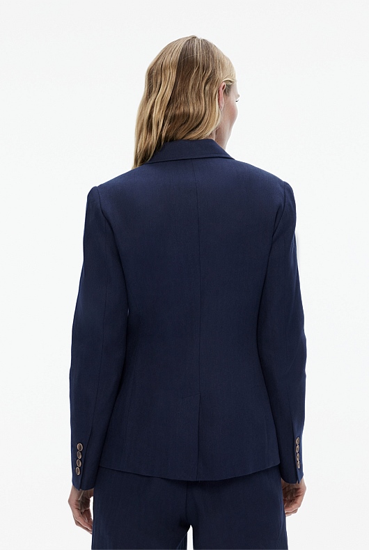 Cotton Linen Single-Breasted Blazer - Blue Night