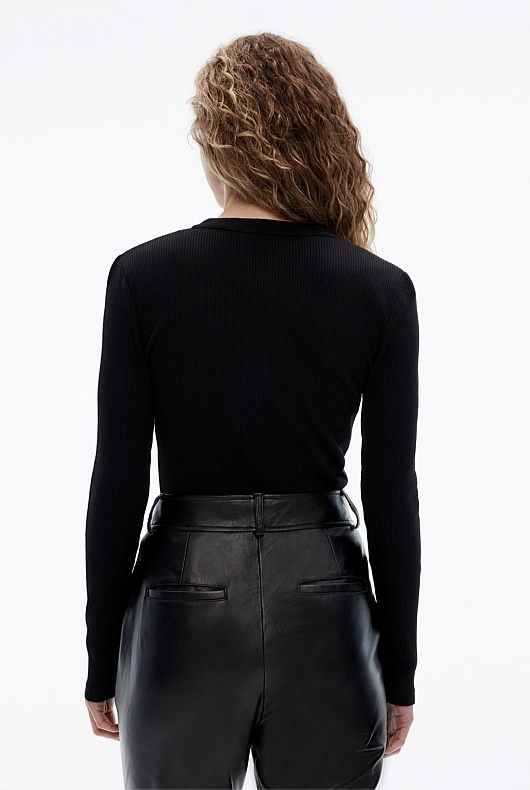 Cotton Blend Rib Henley Long Sleeve Top - Black