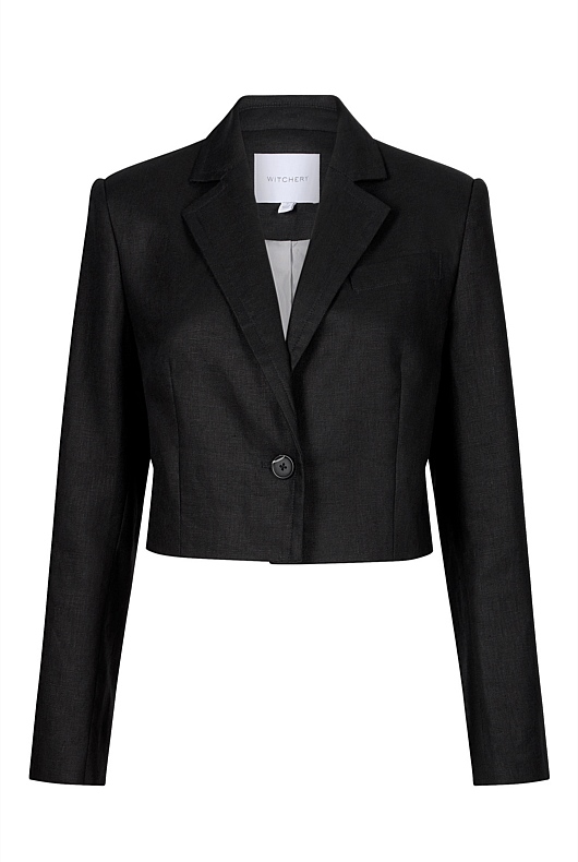 Linen Single-Breasted Cropped Blazer - Black