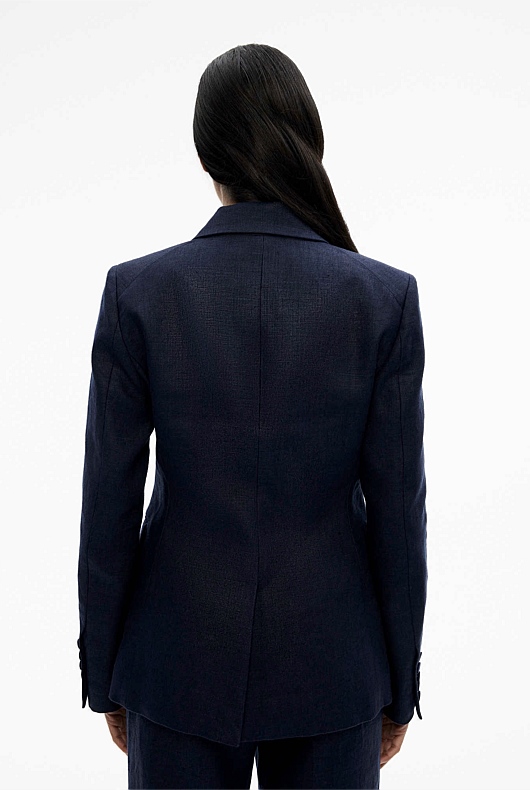 Linen Double-Breasted Blazer - Blue Night