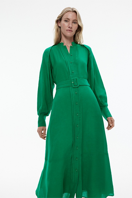 High Neck Pintuck Midi Dress - Viridian Green