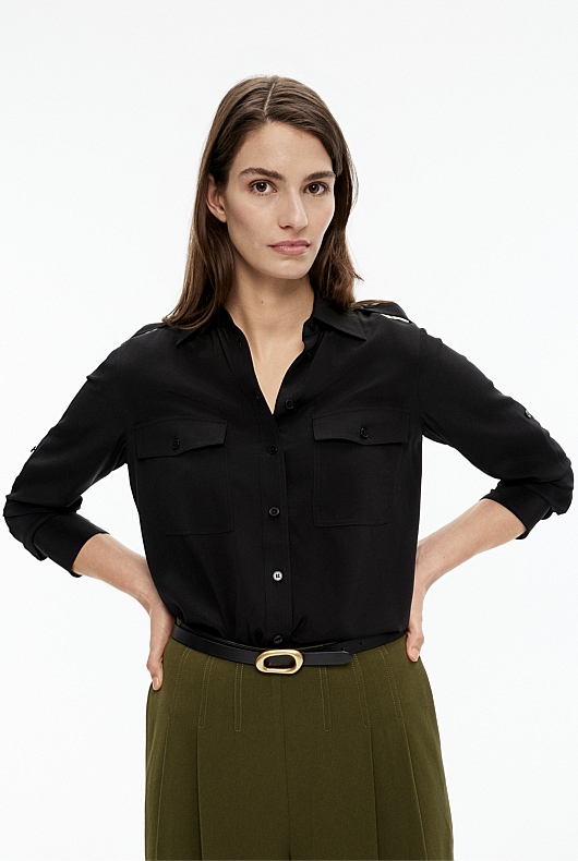 Silk Utility Tab Sleeve Shirt - Black