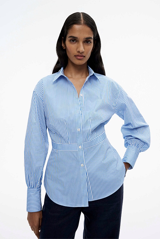 Cotton Stripe Dart Detail Shirt - Blue Daze