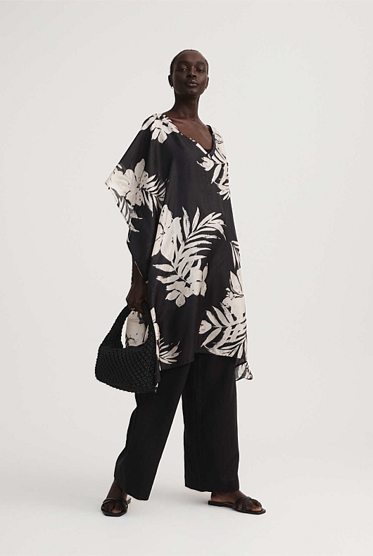 Silk Print Kaftan - Black
