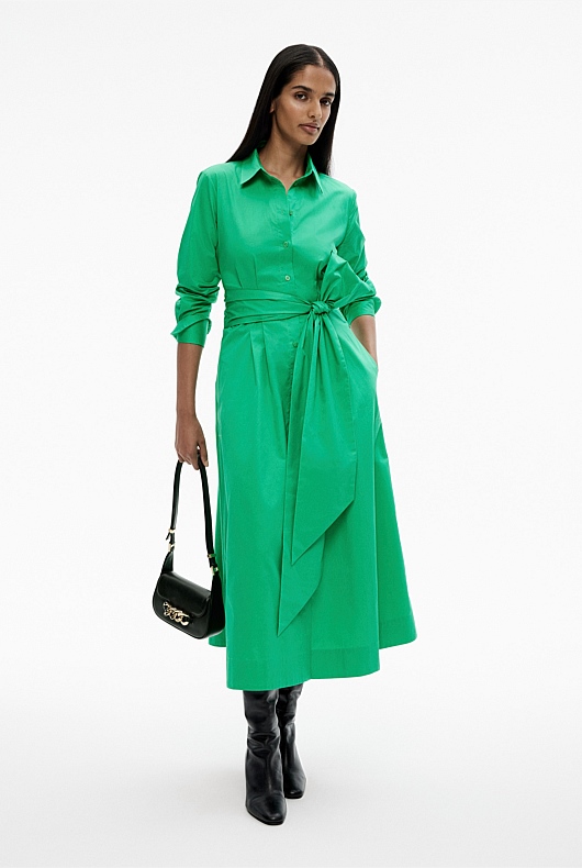 Cotton Sateen Shirt Dress - Leaf Green