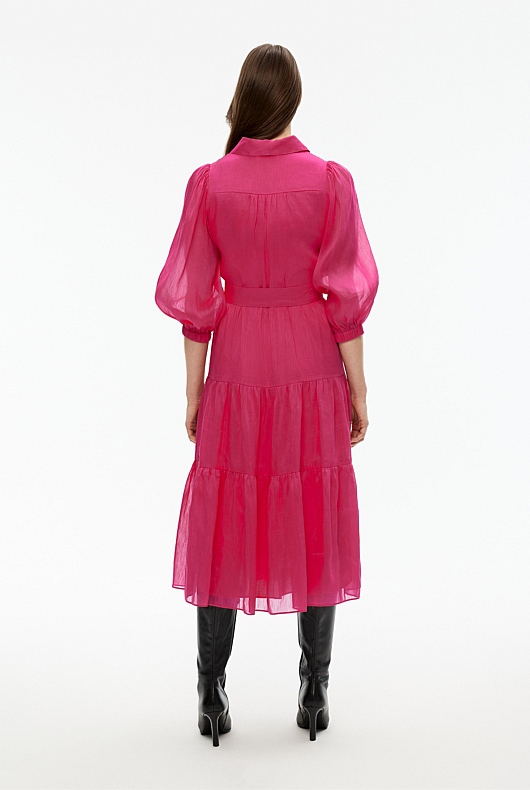 Silk Linen Midi Dress - Dahlia Pink