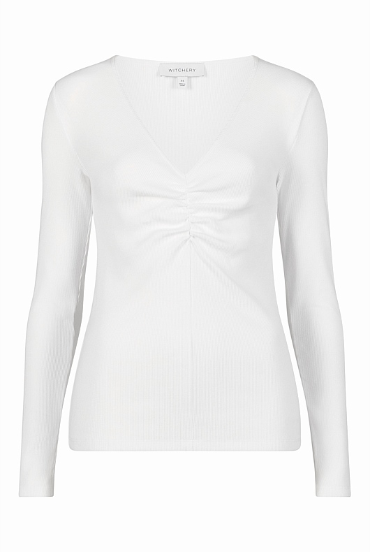 Cotton Rib Gathered Top - Pure White