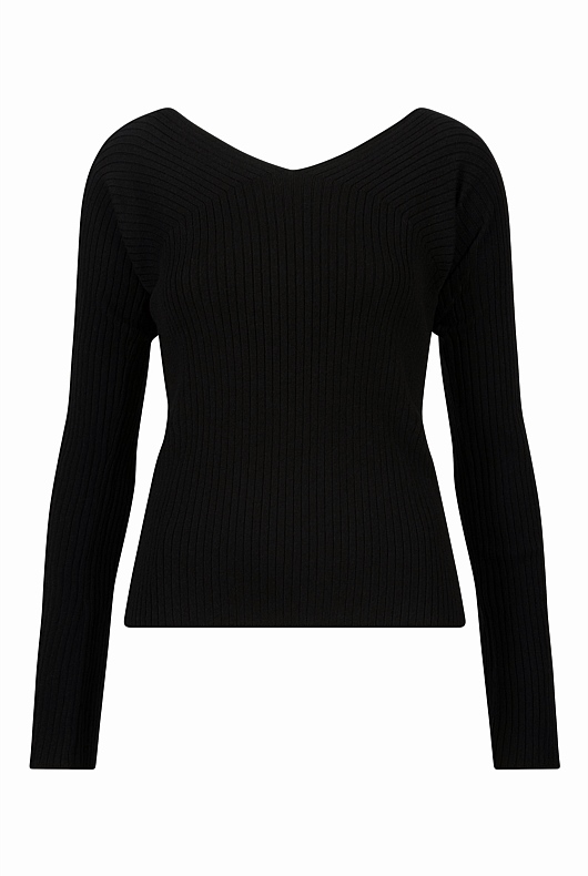 Rib Wide V Neck Knit - Black