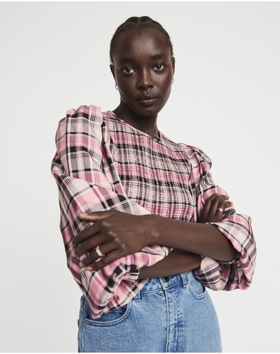 Witchery Check Puff Sleeve Blouse