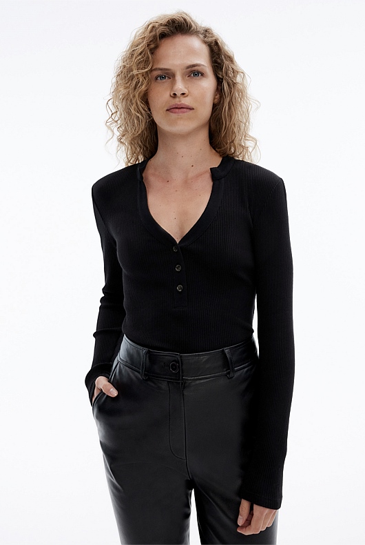 Cotton Blend Rib Henley Long Sleeve Top - Black