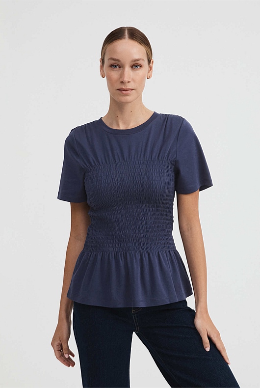Cotton Shirred Bodice Tee - Ink Blue