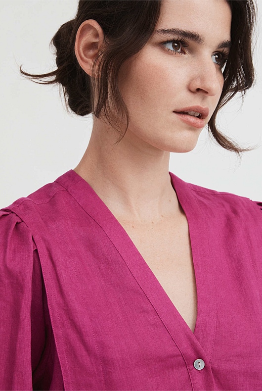 French Linen Half Placket Blouse - Mulberry