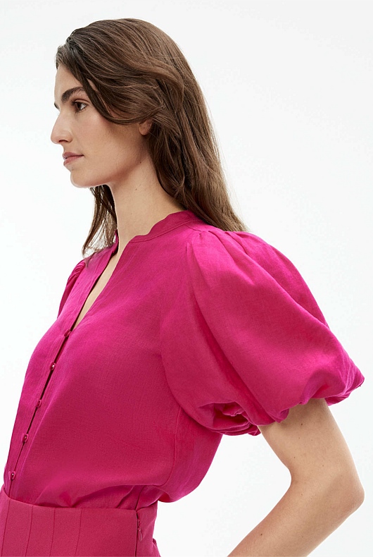 Hemp Puff Sleeve Blouse - Dahlia Pink