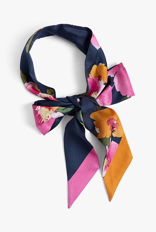 Watercolour Floral Tie Scarf - Midnight Blue