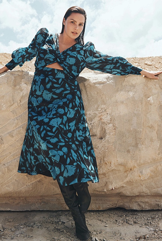 Abstract Textured Print Dress - Mallard Blue