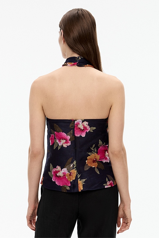 Watercolour Silk Linen Halter - Midnight Blue