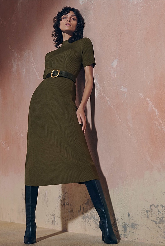 Rib Mock Neck Knit Dress - Jungle