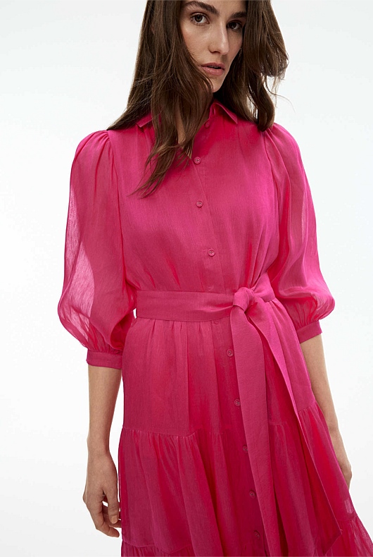 Silk Linen Midi Dress - Dahlia Pink