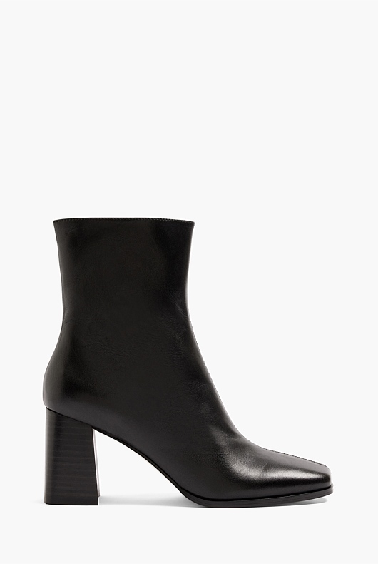 Square Toe Leather Heeled Boot - Black