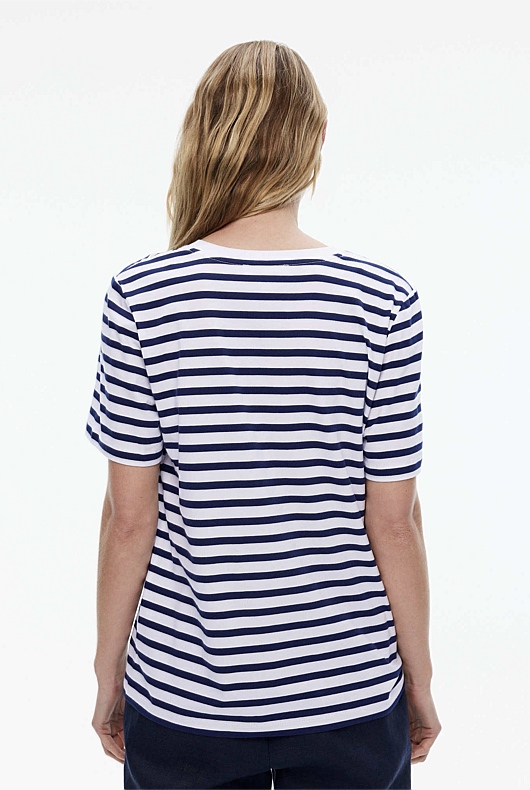 Stripe Cotton V Neck Tee - Ink