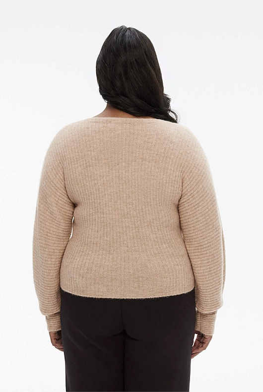 Alpaca Blend Rib V Neck Knit - Pebble